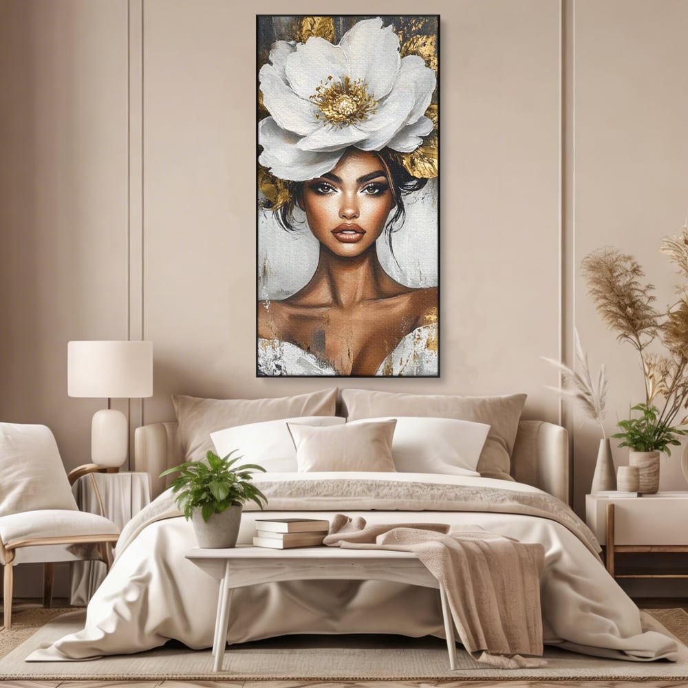 Tablou canvas cu tablou canvas cu portret de femeie si floare, in rama de aluminiu negru, pe perete intr-un dormitor